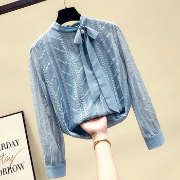

Hollow Out Pullovers Chiffon Tops for Women 2019 New Spring Autumn All-match O Neck Long Sleeve Chiffon Blouses Lace Basic Shirt