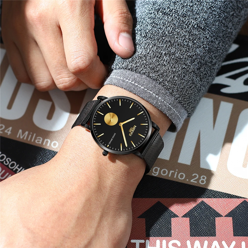 Мужские часы NIBOSI мужские модные водонепроницаемые тонкие с сетчатым ремешком