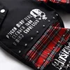 Men's Scotland Red Plaid Tartan Patchwork Jeans Punk Rivet Patch Black Denim Pants Skull Letters Printed Slim Straight Trousers 5