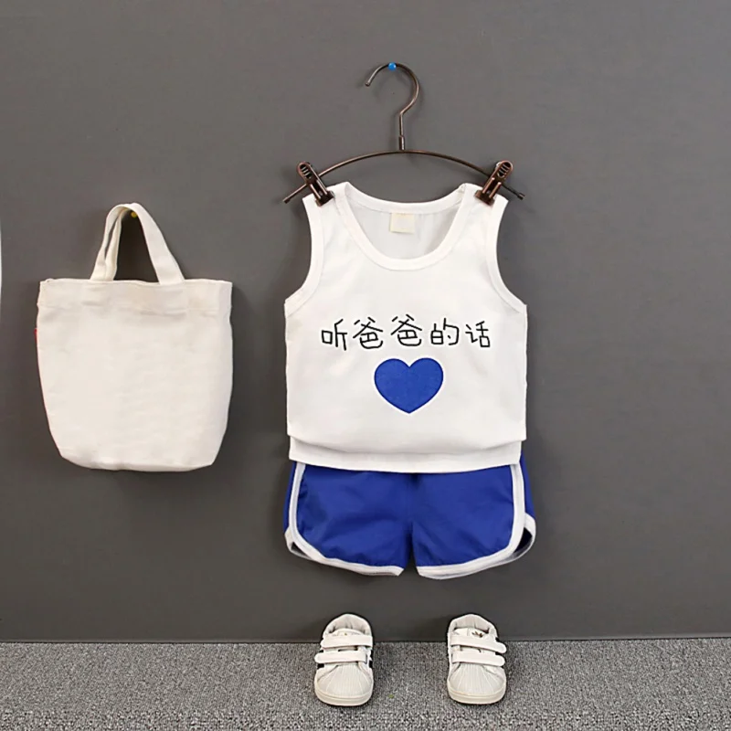 

2Pcs/Set Baby Boys Summer Casual Sleeveless Heart Words Print Vest Tops+Shorts Suits