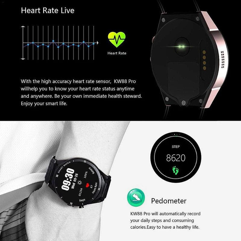 Смарт-часы kingwear Kw88 Pro 3g Android 7,0 1. 3g Гц четырехъядерный 16 Гб Wifi Gps 2Mp камера монитор сердечного ритма 3g Смарт-часы мобильный