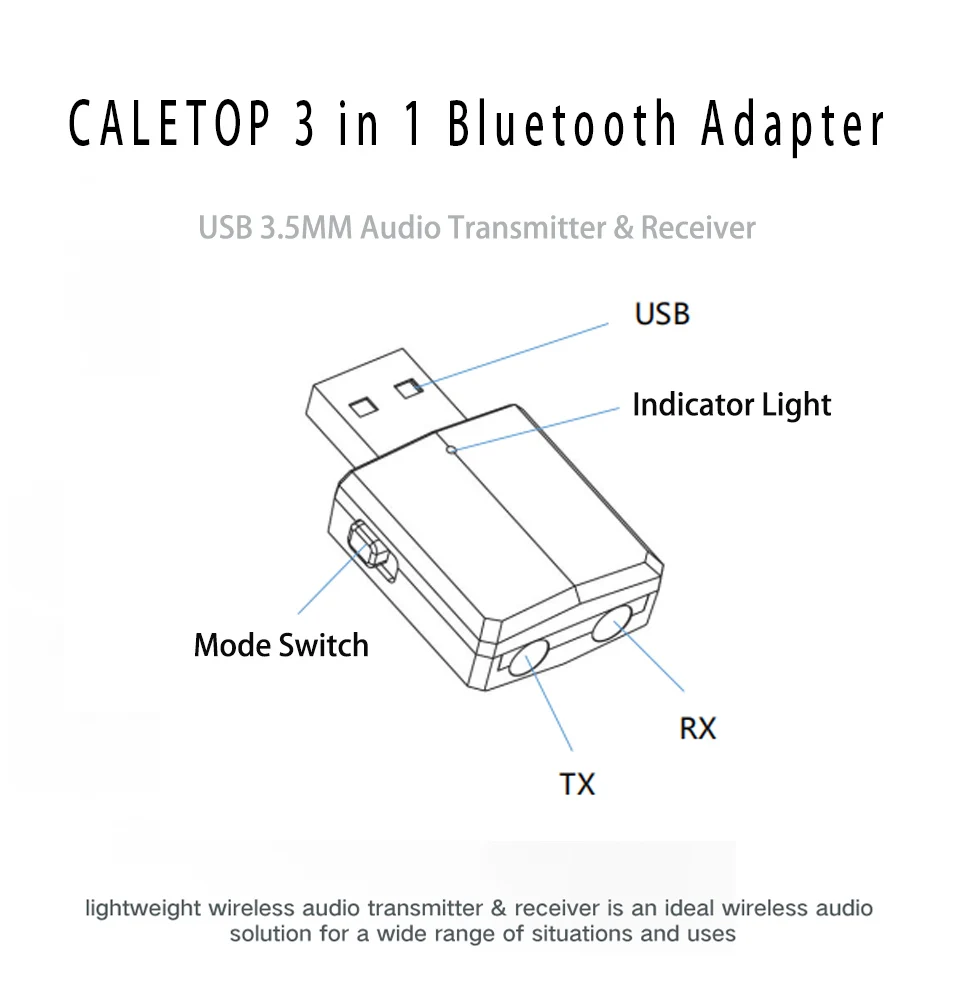 CALETOP USB Bluetooth 5,0 адаптер передатчик ТВ приемник 3 в 1 Bluetooth Беспроводные адаптеры для ПК автомобильный комплект с кнопкой переключения