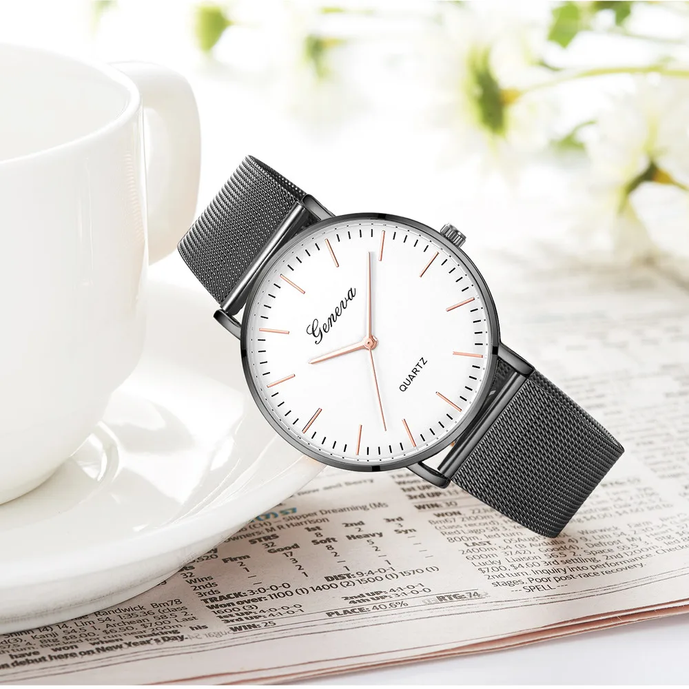 Современные модные черные кварцевые часы для мужчин и женщин, сетчатый ремешок из нержавеющей стали, высокое качество, повседневные наручные часы, подарок для женщин
