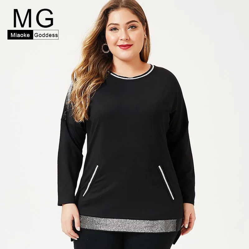 

2019 Autumn new large size long sleeve ladies black Flash drilling Loose tops and blouses casual solid color pocket T-shirt 5XL