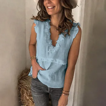 

Plus Size 5XL V Neck Tank Women Sleeveless Lace Patchwork Ruffle Vests Female 2020 Summer Loose Solid Casual Tops Ladies Vintage
