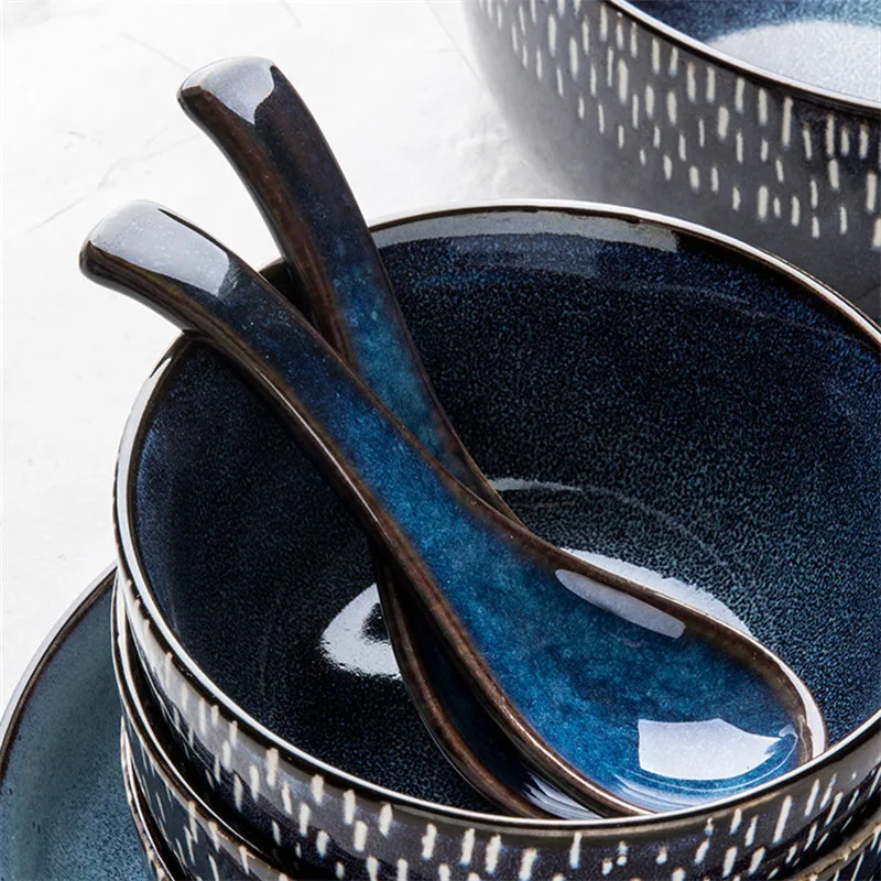 4Pcs/Lot Japanese Style Ceramic Household Soup Scoop Cute Blue Glaze Eating Drinking Spoons Serving Spoon Kitchen Tableware Set | Дом и сад