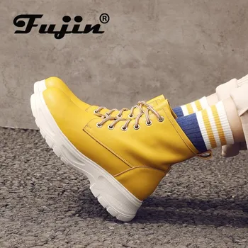 

Fujin Genuine Leather Women Boots Long Warm Plush Booties Fashion Shoes Ankle Motorcycle Boots Elegant Winter Spring for Women