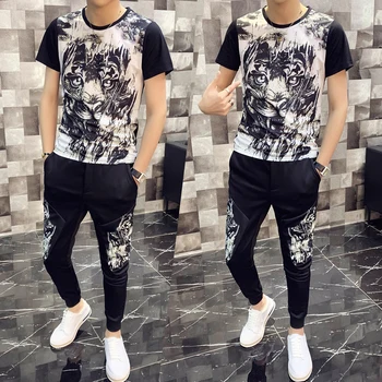 

Spring High Quality Tracksuit Top And Pants Men Animal Print Short Sleeve T Shirt Two Piece Set Men Slim Fit Outfits Men Set