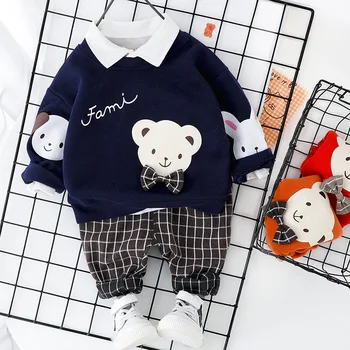 

2020 Spring Baby Boy Clothes Cartoon Bear Sweatshirts Plaid Pants 2PCS Outfits Kid Clothes For Boys Sports Suit Toddler Clothing