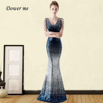 

Sequined Evening Dresses GDX297 Elegant V-neck Hollow Out Sleeveless Evening Dresses Mermaid Grident Sparkling Robe De Soiree