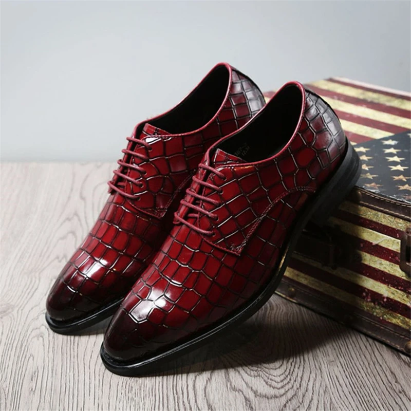 Genuine Leather Men Dress Formal Shoes Business Wedding Shoe Brogue Party Large Sizes Black Wine Red Slip On New Fashion