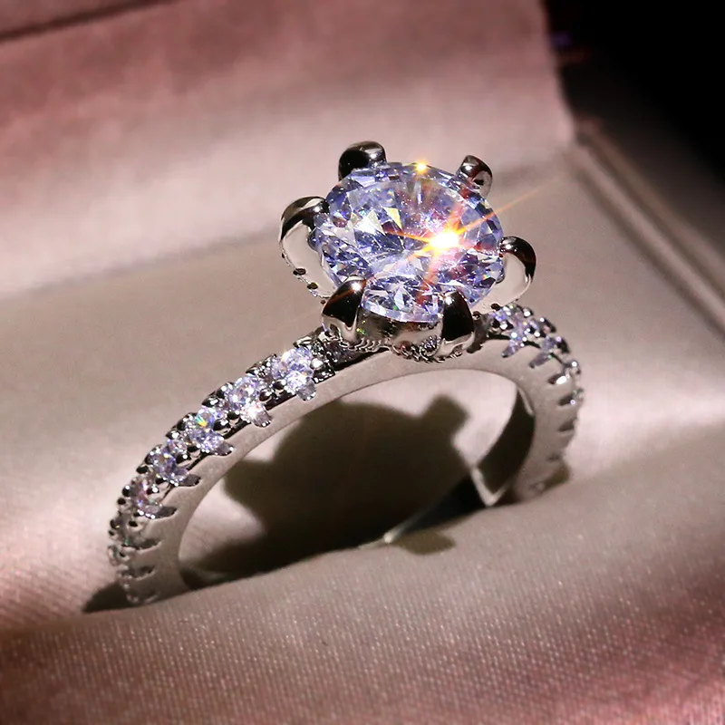 

2021 Newest Classic Engagement S925 Silver Ring Woman 925 Real 6 Claws Design AAA White Cubic Zircon Female Wedding Gift Jewelry