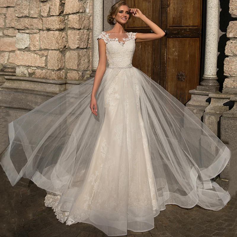 Venta Flash Vestidos De Novia Preciosos Con Falda De Tul Desmontable Manga Casquillo Apliques Sirena Vestidos De Novia Vestido De Boda Gelinlik May 2020