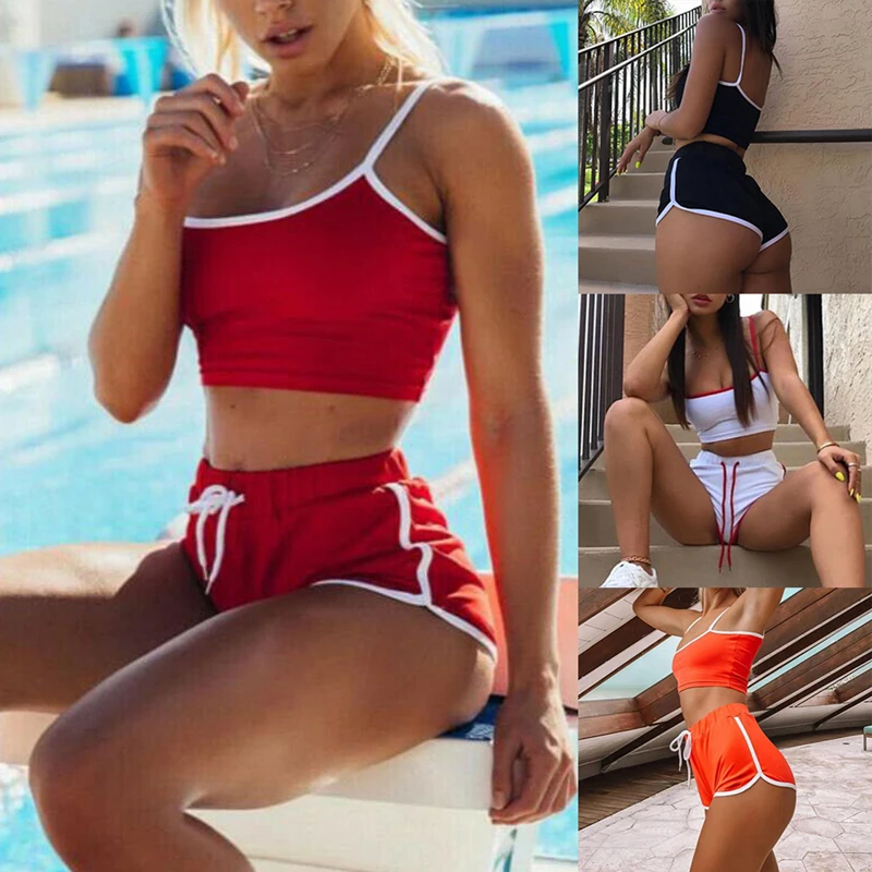 Yoga Suit Workout Sports Women Sexy Patchwork Yoga Set String Vest Short Crop Tops + Hot Shorts Pants Athletic Short Sets Hot