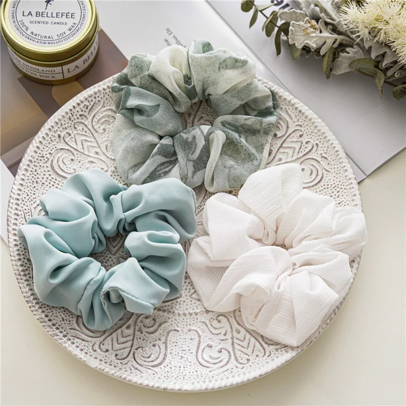 3 Pack Fashion Chiffon Big Scrunchies Set Solid Flower Print  display picture 3