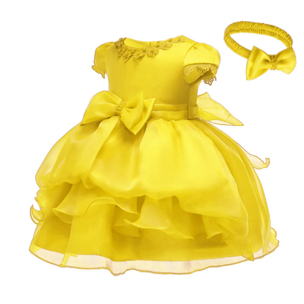 

A Short Sleeved Baby Tutu Send Hair Bands Yellow Tutu Anniversery Full Moon European And American-Style Wash Dress Organza