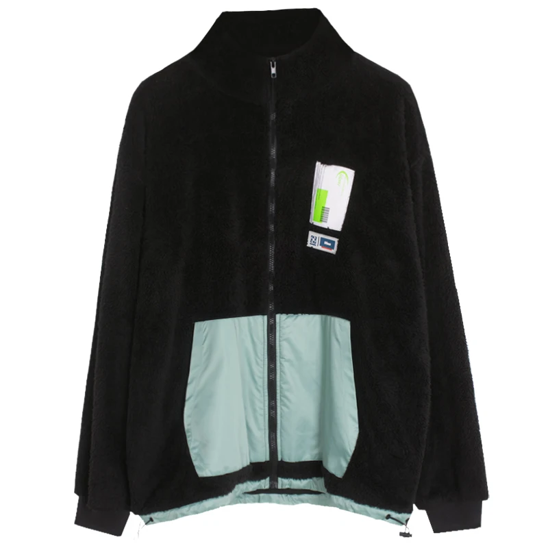 Plush coat women's winter street stickers design granular Plush Long Sleeve Jacket loose BF Mock Neck Neutral Trend