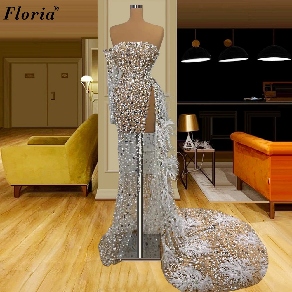 

2 Designs Crystals Prom Dresses 2021 Transparent Mermaid Cocktail Dresses For Women Party Haute Couture Feathers Evening Gowns