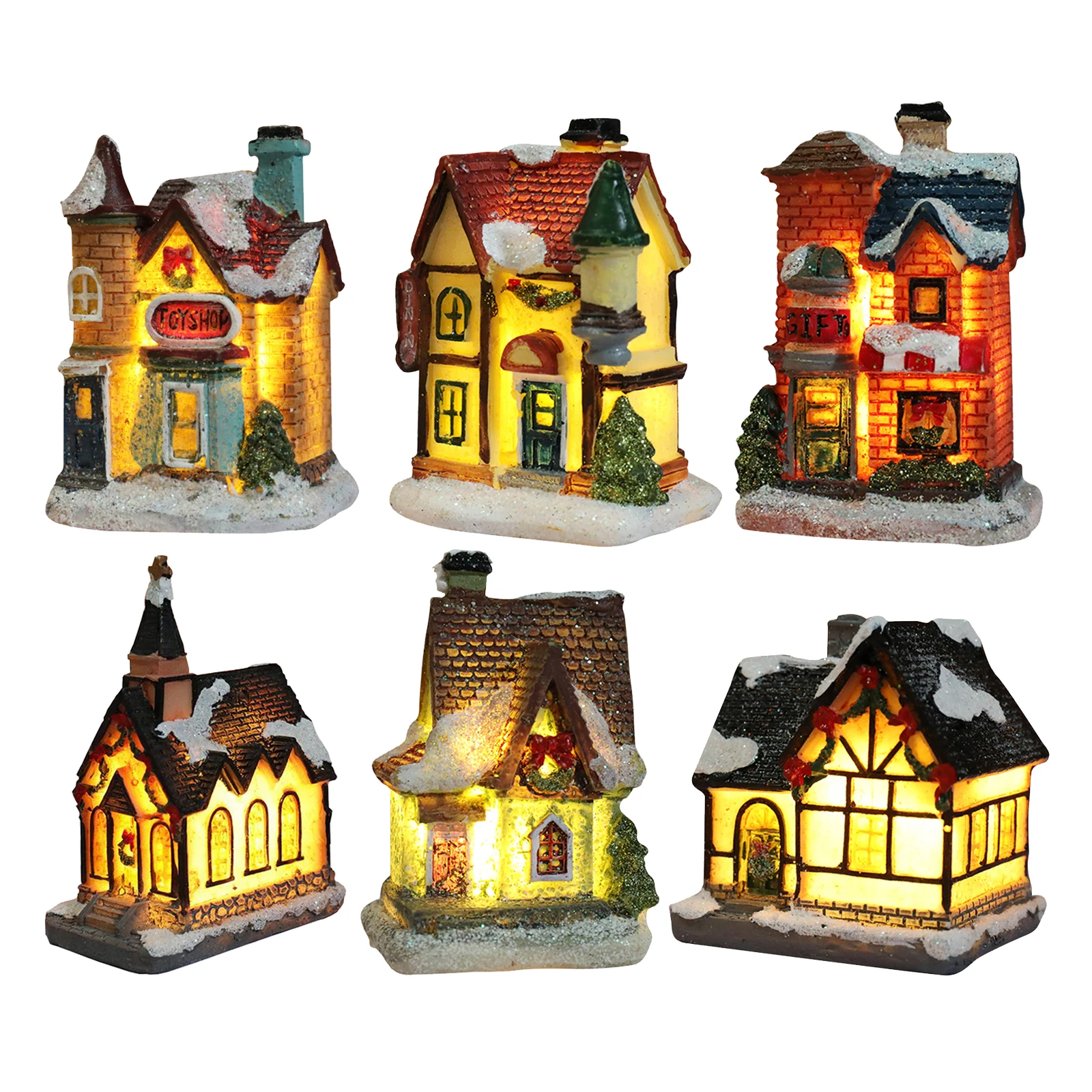 6PCS Christmas Ornament Set Doll House Village Light Up Christmas House Winter Holiday Garden Decoration Children Gift Set
