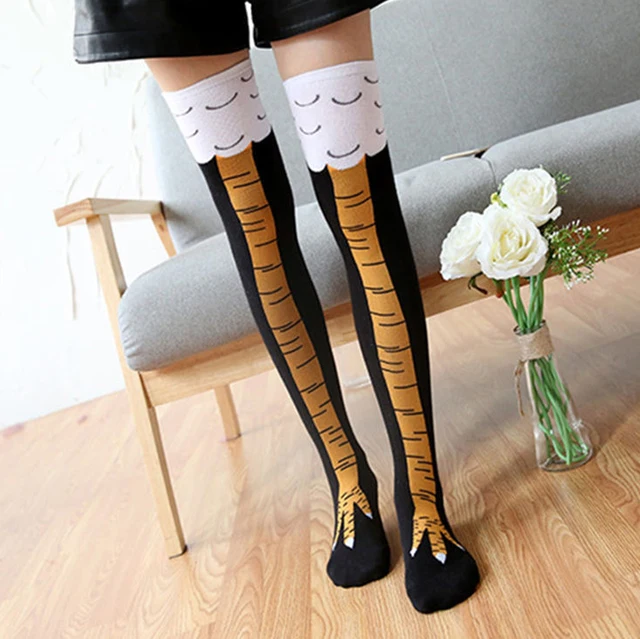 Chicken Paws Feet Socks Women's Long Socks Funny Cartoon Cotton Creative Chicken Leg Claw Ladies 3D Print Above Knee High Socks HK49001-4