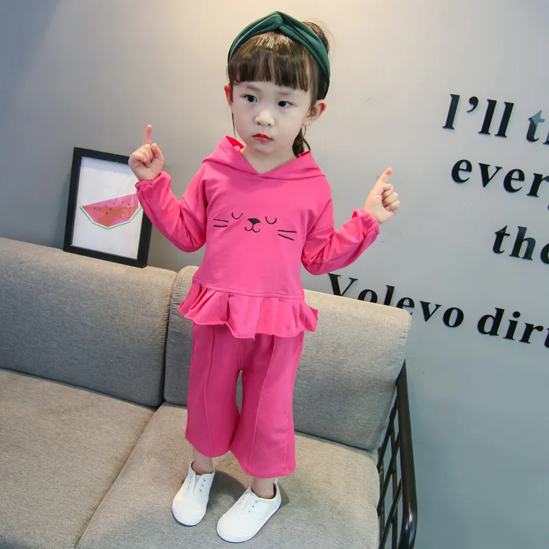 

2019 Autumn New Style Korean-style Children out Clothes Female Baby Cat Pattern Hoodie Two-Piece Set Fashion-Style