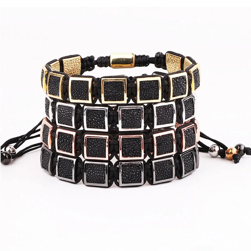 High Quality Black Snake Skin Leather Square Charm Braided Friendship Macrame Adjustable Bracelet Men