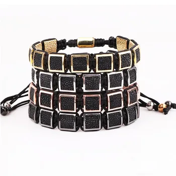 High Quality Black Snake Skin Leather Square Charm Braided Friendship Macrame Adjustable Bracelet Men