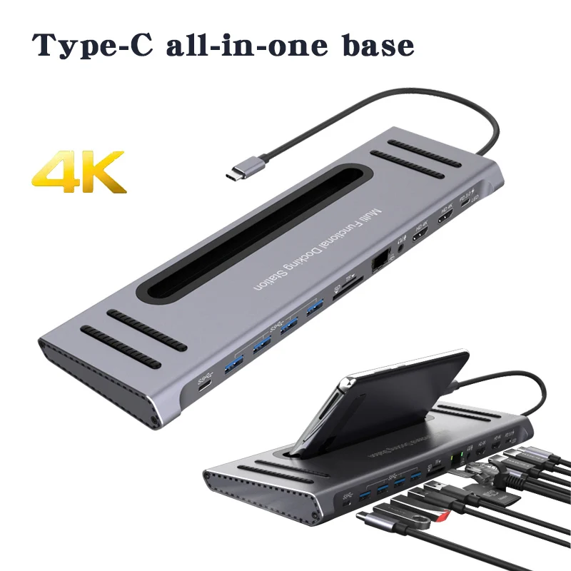 12 In 1 Usb Type-C Hub Adapter Docking Station Per Laptop Compatibile Hdmi Vga Rj45 Pd Hd Multi Usb 3.0 Per Macbook Hp Lenovo Surface