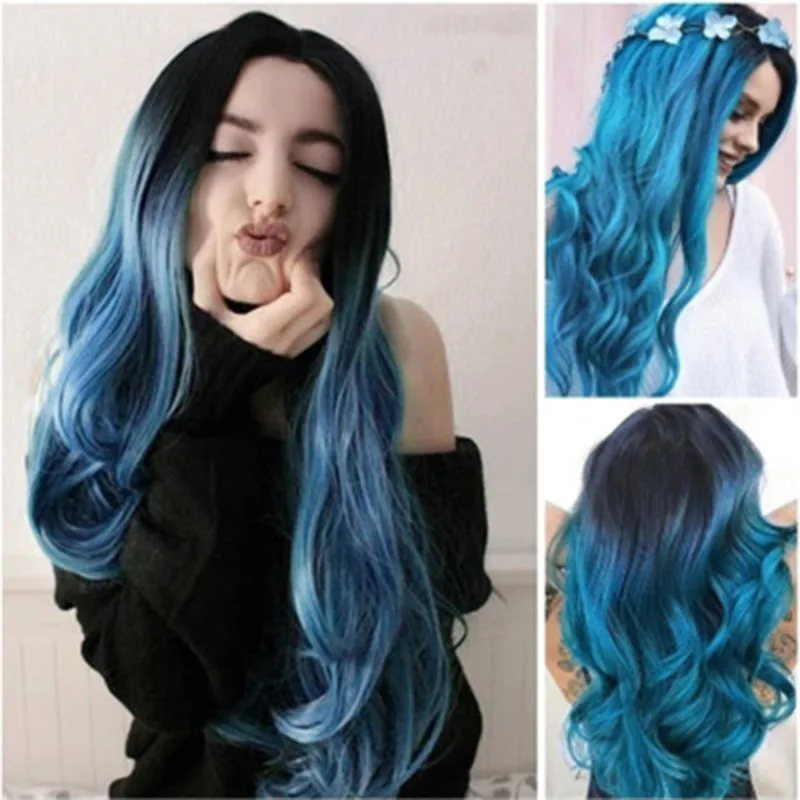 

long kinky curly deep wave human fake hair closure wig White Black Women Mannequin cosplay head colored blue bangs wig