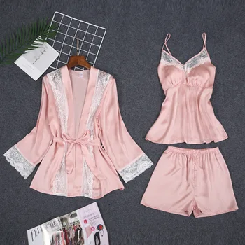 

Satin 3PCS Robe Set Women Lace Patchwork Kimono Bathrobe Gown Pajamas Silky Strap Top&Shorts Intimate Lingerie Casual Homewear