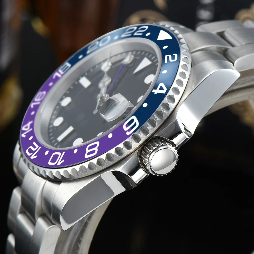 Часы Автоматические новые GMT мужские синий фиолетовый ободок стальной чехол браслет 40 мм Aseptic светящиеся руки сапфировое стекло RL11