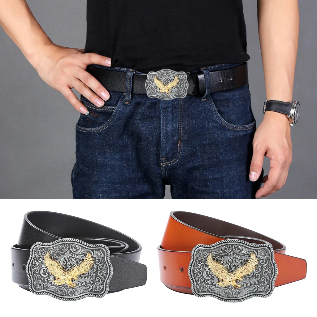 Vintage Western Leather Belt Strap Eagle Arabesque Buckle Indian Rodeo Buckle Belt gold eagle belt big buckle luxury  cowboys