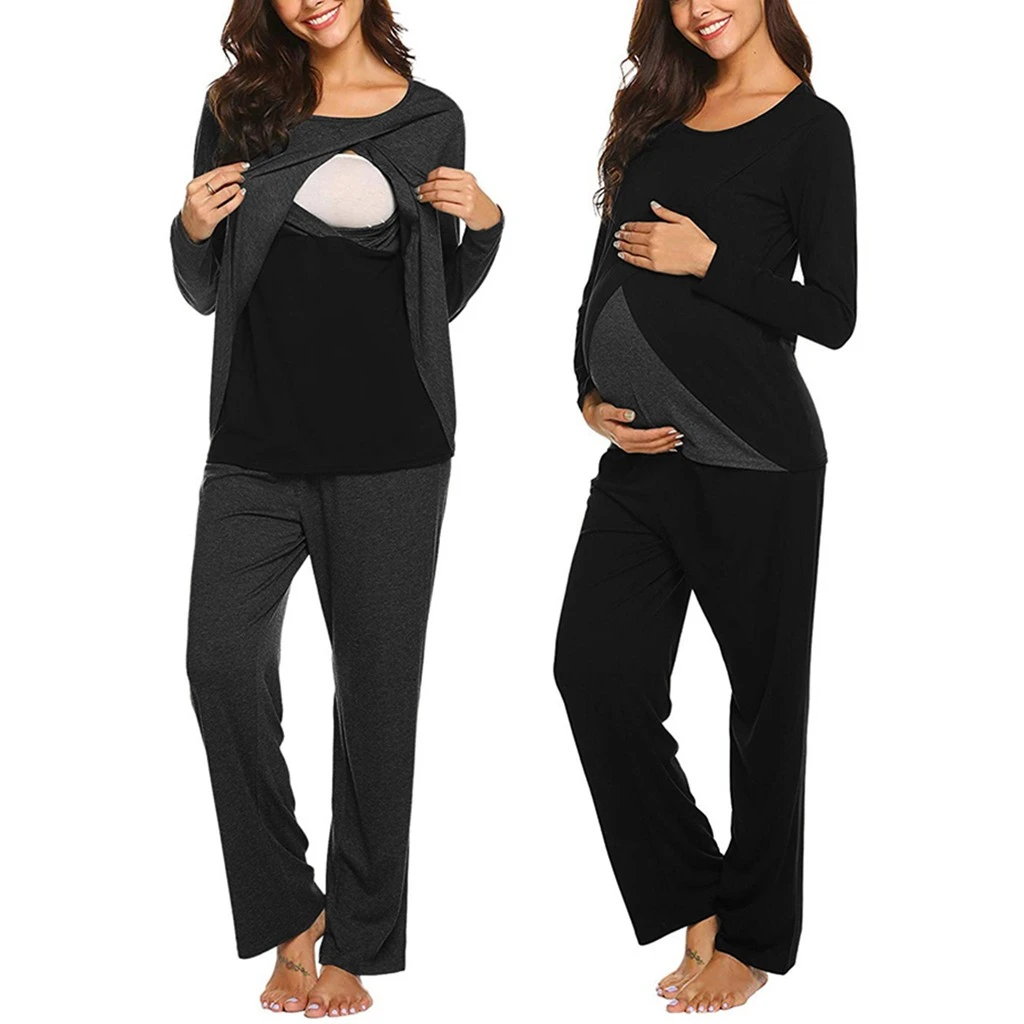 Mujeres Maternidad de manga larga de lactancia bebé camiseta camisetas + Pantalones pijama conjunto pijama invierno pijama cuidado de maternidad|Conjuntos maternales| - AliExpress