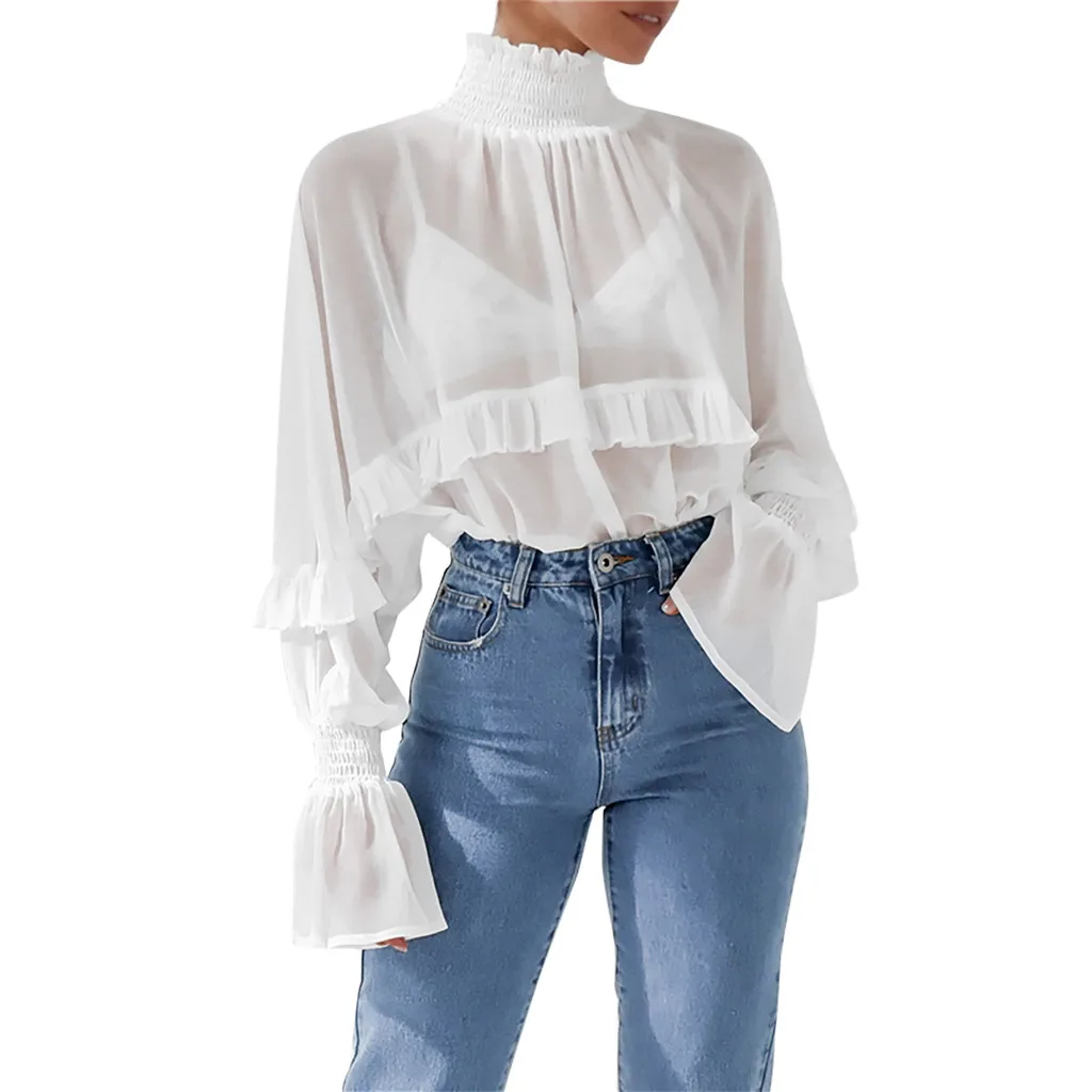 

Womail Chiffon Blouse Long Sleeve Fashion Womens Perspective Turtleneck Ruffles Casual Long Sleeve Blouses Woman 2019