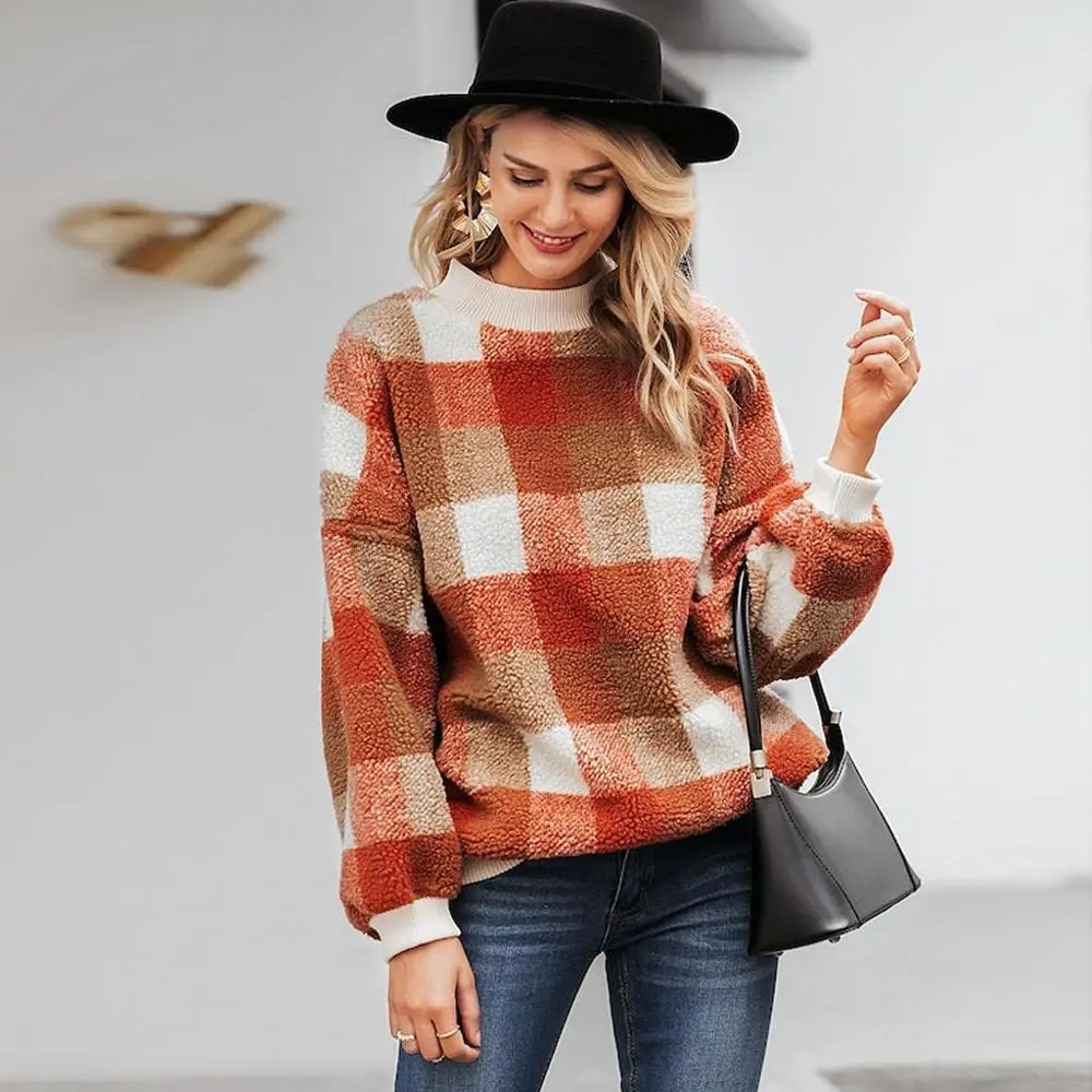 

Heouty Plush Sweatshirts Women's Fashion Plus Size Plaid Round Neck Autumn Teddy Sweatshirt Women's Pullover S-XL