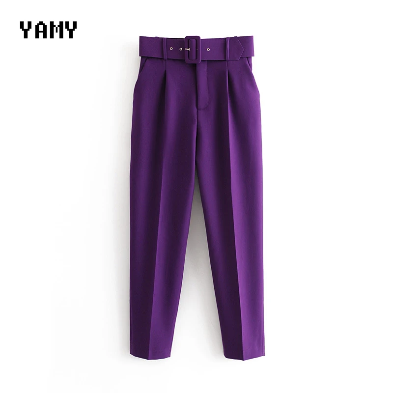 New Womens casual purple Pant Capris with belt high waist yellow chic office lady Pant Trousers Streetwear Female zoravicky Pant