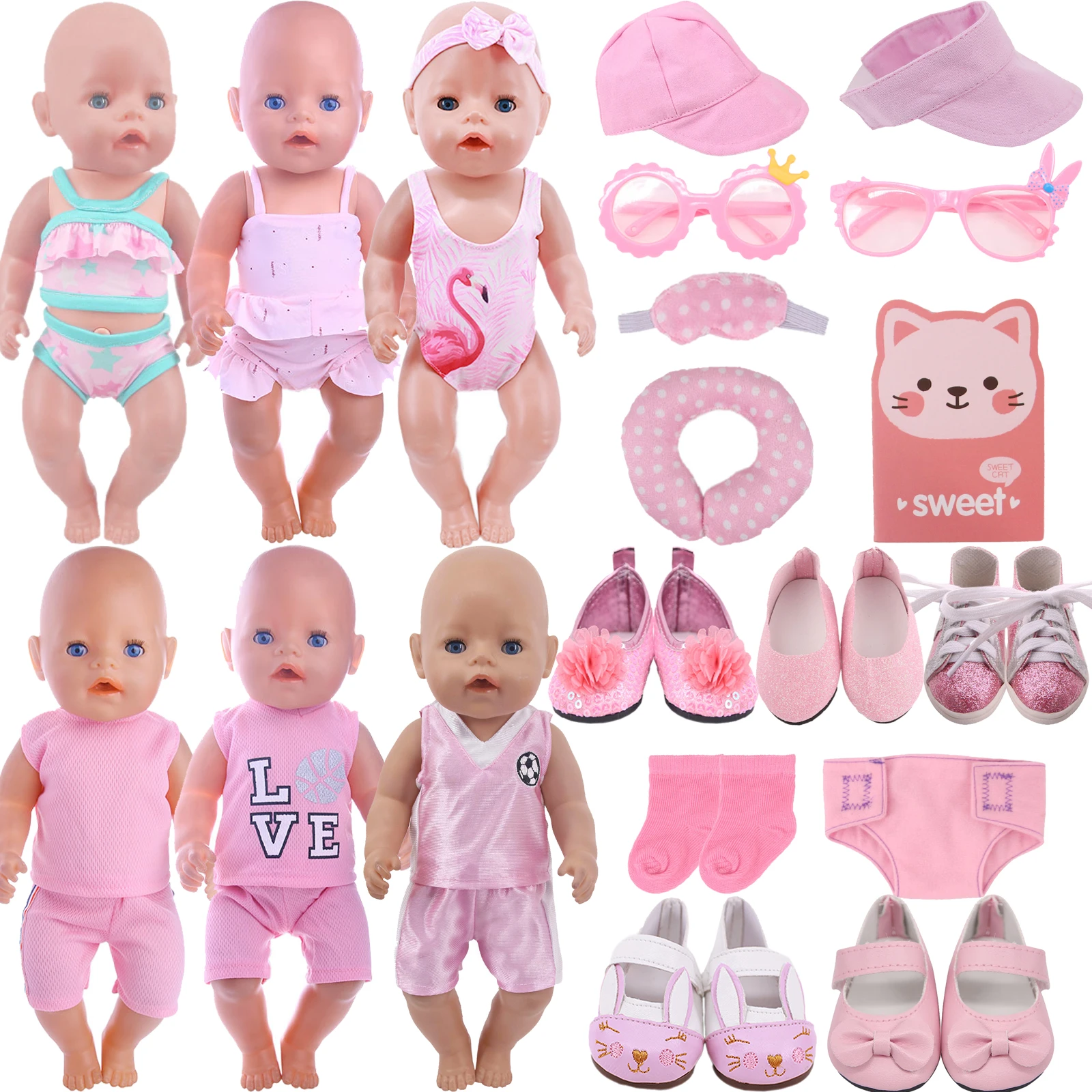 Doll Clothes Pink Swimsuit,Sports Wear,PU Shoes For 18Inch Girl Of American&43 Cm Reborn Baby Doll Accessories,Generation Gifts
