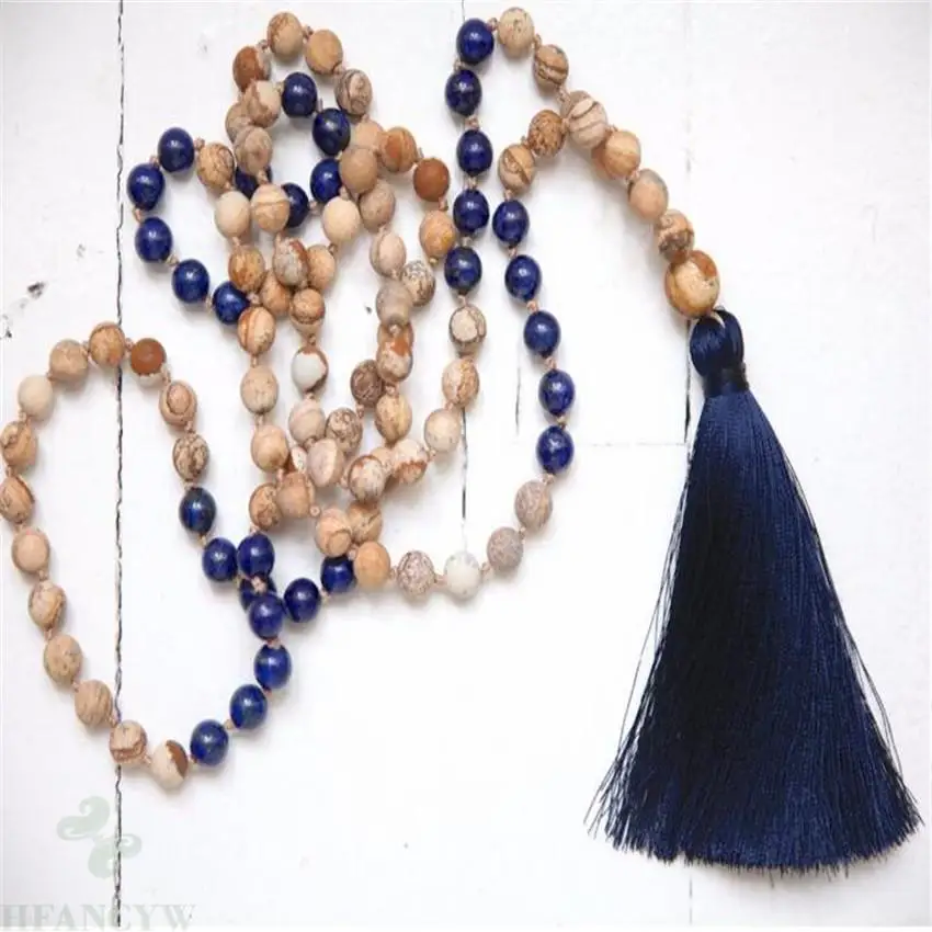 

6mm Lapis Lazuli Picture Gemstone 108 Buddha Mala Necklace Wrist pray Buddhism DIY Lucky classic yoga Sutra cuff Meditation