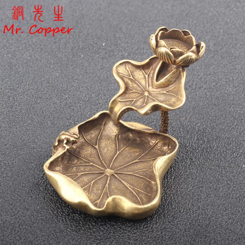 

Antique Brass Lotus Leaf Backflow Incense Burner Decorations Solid Pure Copper Frog Lotus Pond Censer Holder Ornaments Tea Pets