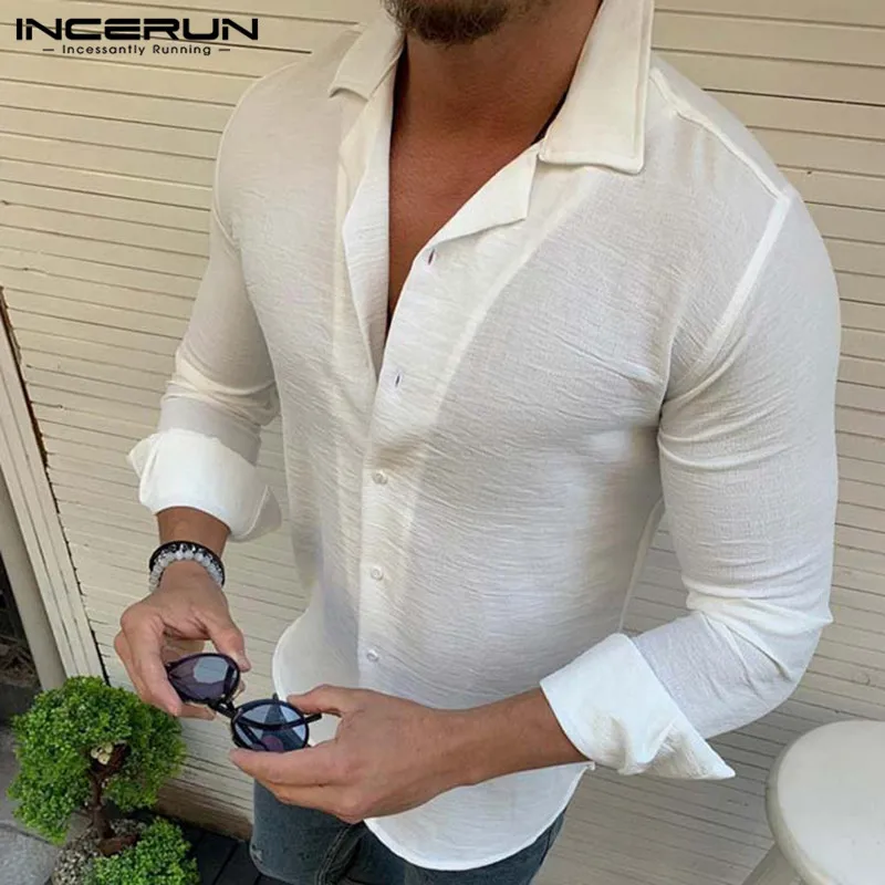 

INCERUN 2019 Men Shirt Solid Color Button Lapel Neck Casual Long Sleeve Fashion Tops Breathable Business Shirts Men Plus Size