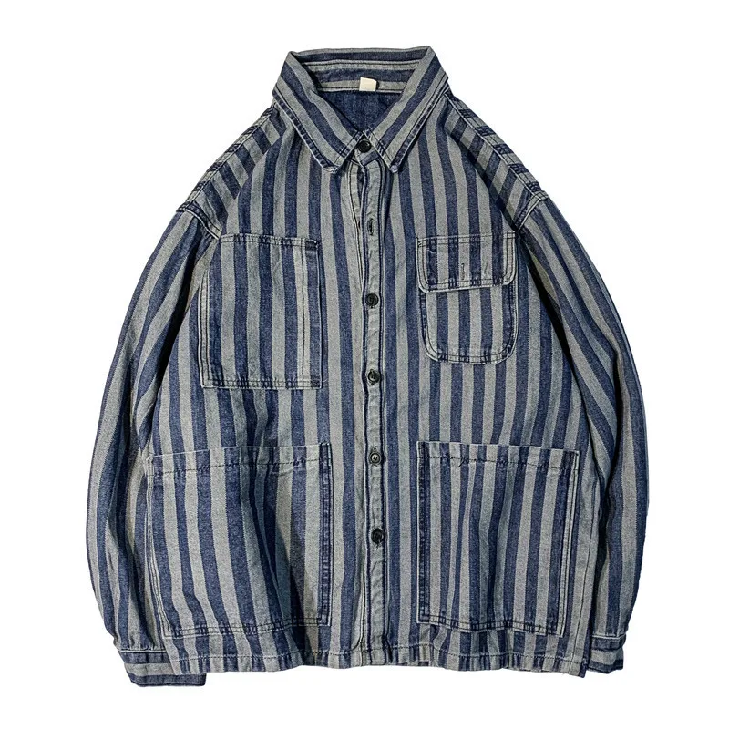 Striped multi-pocket denim shirt jacket 2021 spring and autumn men's tooling all-match loose collar jacket Mens Jean Coat
