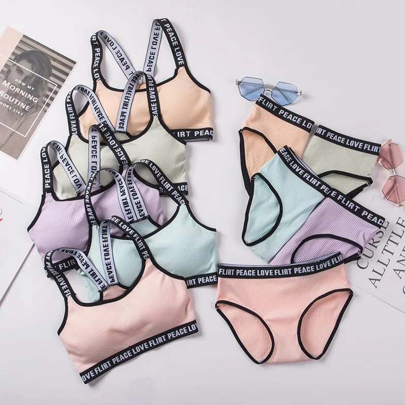 Conjunto de ropa interior de algodón a rayas suaves para mujer, Tops sexys con espalda de belleza, Bralette con tirantes y bragas, traje de 2 piezas