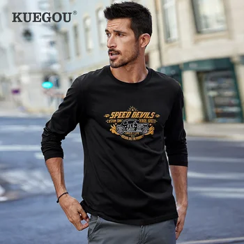 

KUEGOU 100% Cotton men's t shirt long sleeve Classical fashion tshirt spring printing T-shirt men top size ZT-88059