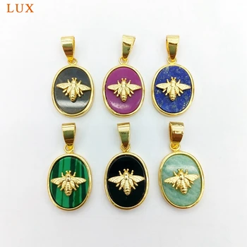 

Natural Colorful gems Stone pendant Insect Pattern Oval charm Gold Electroplated Women Fashion pendant for necklace making