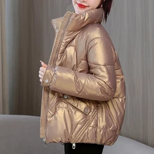 

2022new Autumn Women Gold Stand Collar Warm Short Padded Coat Streetwear Female Zipper Loose Cotton Jacket Windproof Outwear