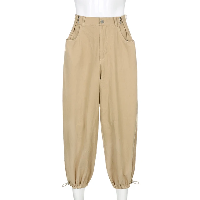 ALLNeon Y2K Fashion Khaki Oversized Cargo Pants Hip Hop Style Loosed Adjustable Waist Drawstring Long Pant Streetwear 90s Autumn khaki