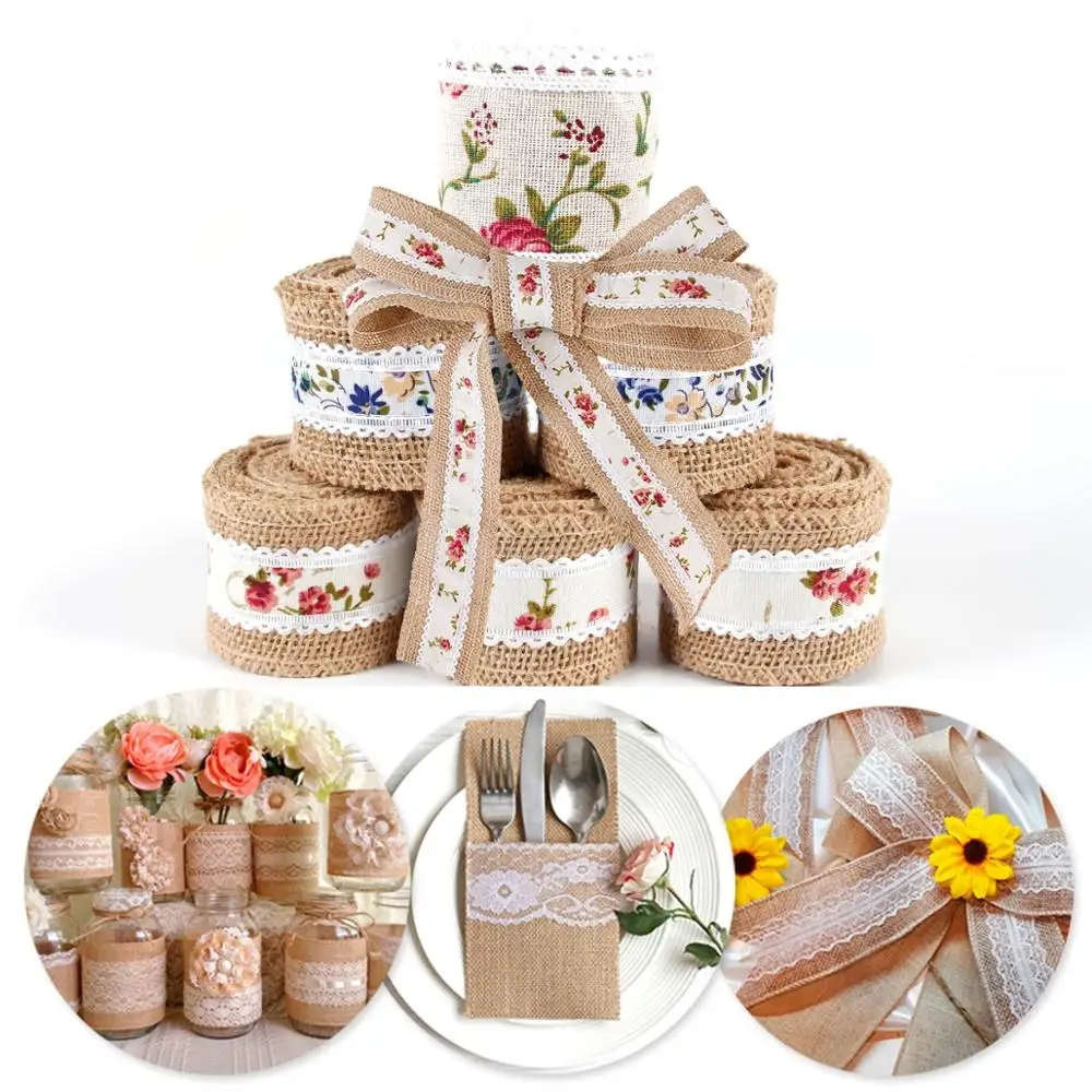 2M/5M Jute Burlap Rolls Hessian Ribbon With White Lace Trim Edge Rustic