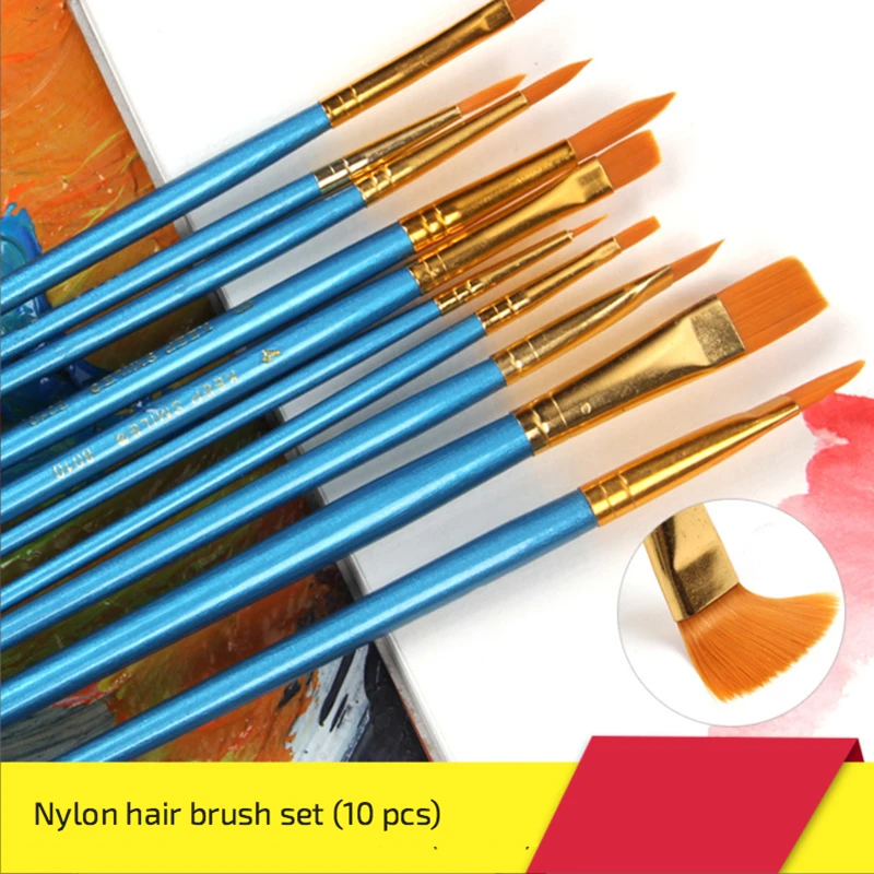 10Pcs Acrylic Nylon Hair Round Pointed Artists Watercolor Paint Brush Set