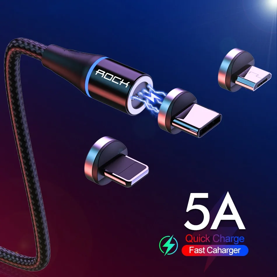 

ROCK 5A Magnetic Cable Micro Usb Type C Super Fast Charging Phone Usb C For iPhone Xr 8 7 Xiaomi Huawei Android 2M Charger Cable