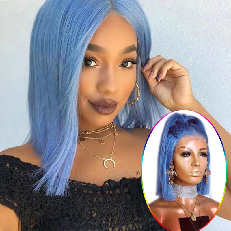 

Anogol Short Straight Blue Bob Synthetic Lace Front Wig For Afro American Black Women Aqua Middle Part High Temperature Fiber